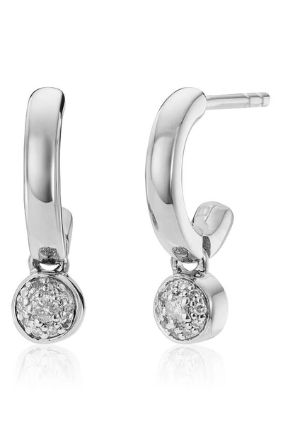 Shop Monica Vinader Fiji Tiny Button Diamond Huggie Hoop Earrings In Silver