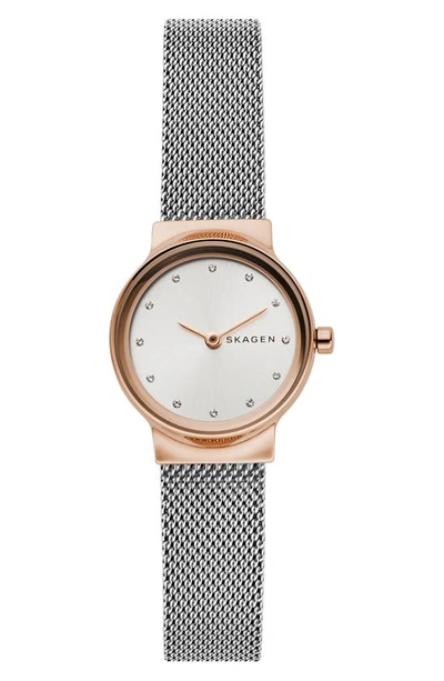 Shop Skagen Freja Crystal Accent Mesh Strap Watch, 26mm In Silver/ White/ Rose Gold