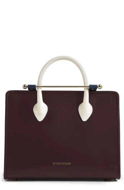 Shop Strathberry Tricolor Midi Leather Tote In Burgundy/ Navy/ Vanilla