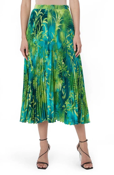 Shop Versace Jungle Print Pleated Midi Skirt In Green And Print