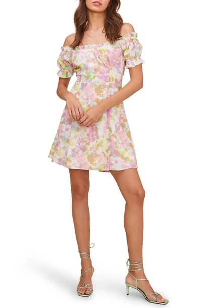Shop Astr Imagine Off The Shoulder Minidress In Pink Yellow Tie Dye