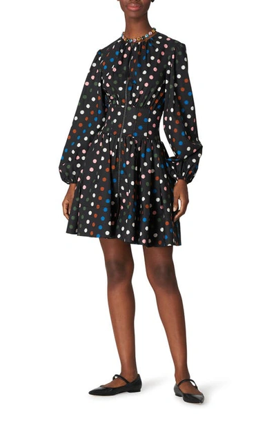 Shop Carolina Herrera Dot Print Corset Long Sleeve Cotton Poplin Dress In Black Multi