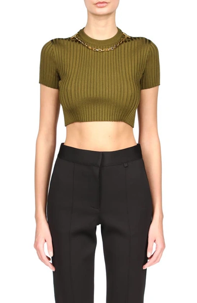 Shop Givenchy Chain Embellished Knit Crop Top In Bottle Green