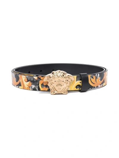 Shop Versace Barocco-print Leather Belt In 黑色