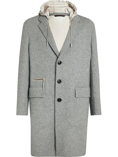 Shop Ermenegildo Zegna Hooded Cashmere-blend Coat In 灰色
