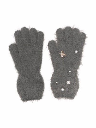 Shop Monnalisa Crystal-embellished Fuzzy-knit Gloves In 灰色