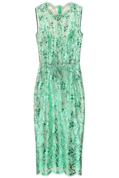 Shop Dolce & Gabbana Knee-lenght Dress With Laminated Lace In Green