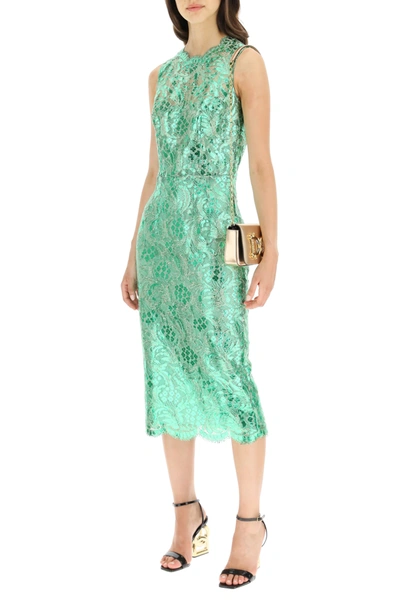 Shop Dolce & Gabbana Knee-lenght Dress With Laminated Lace In Green
