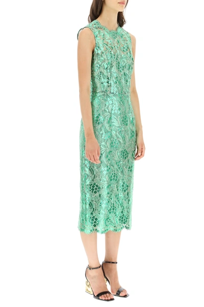 Shop Dolce & Gabbana Knee-lenght Dress With Laminated Lace In Green