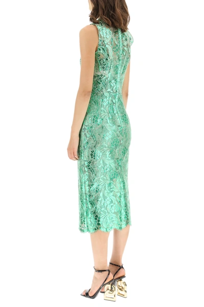 Shop Dolce & Gabbana Knee-lenght Dress With Laminated Lace In Green