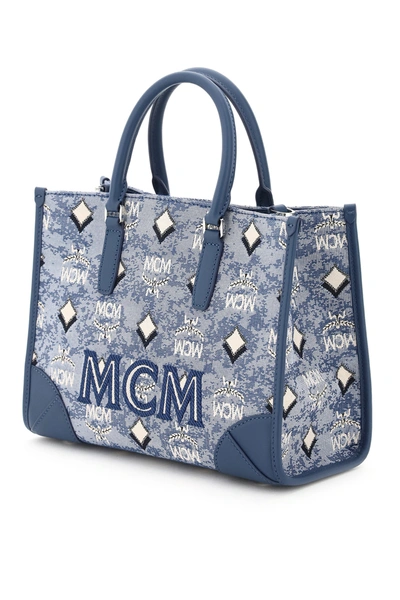 Shop Mcm Vintage Jecquard Monogram Small Tote Bag In Blue,white