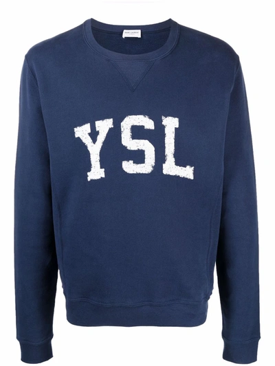 Shop Saint Laurent Logo-print Cotton Sweatshirt In Blau