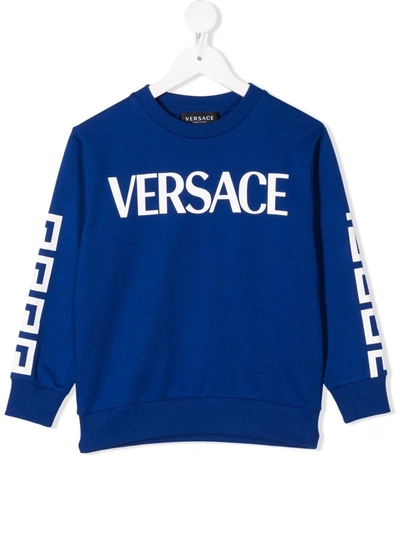 Shop Versace Logo-print Crew Neck Sweatshirt In Blue