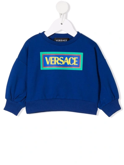 Shop Versace Logo-print Crew Neck Sweatshirt In Blue