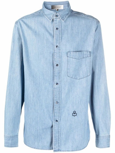 Shop Isabel Marant Logo-embroidered Long-sleeve Denim Shirt In Blue