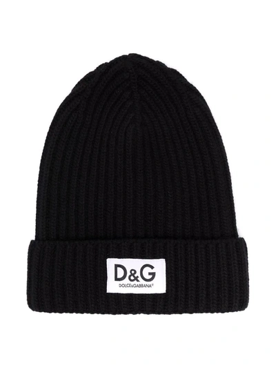 Shop Dolce & Gabbana Logo-patch Ribbed Beanie In Black