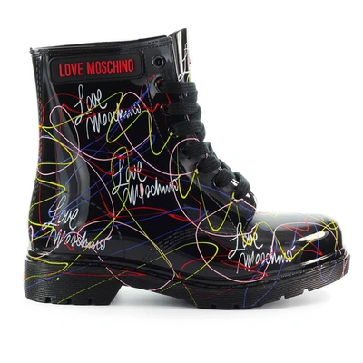 Shop Love Moschino Graffiti Black Rubber Combat Boot