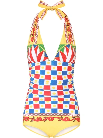 Dolce & Gabbana Carretto-print One-piece Swimsuit With Plunging Neckline In Yellow