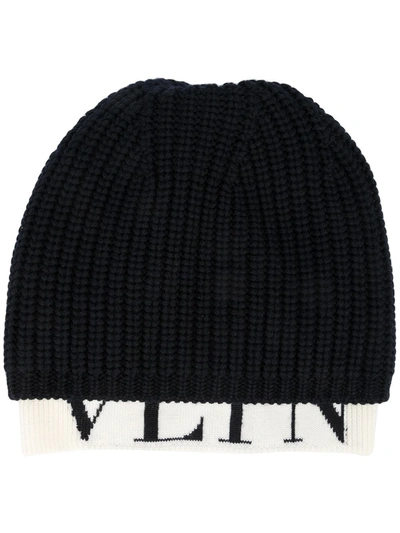 Shop Valentino Vltn Ribbed-knit Beanie Hat In Blue