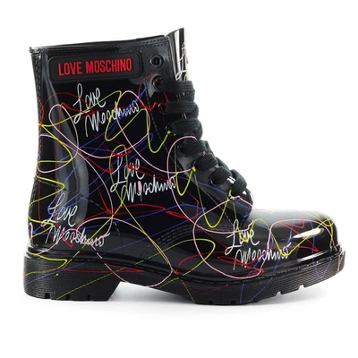 Shop Love Moschino Graffiti Black Rubber Combat Boot In Nero