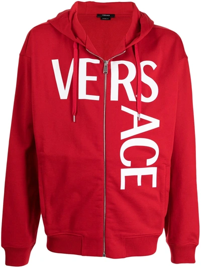 Shop Versace Logo-print Zip-up Hoodie In Rot