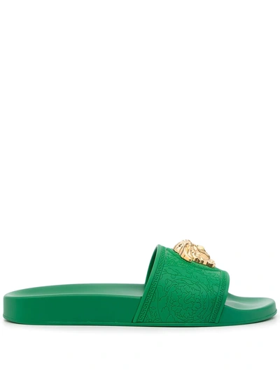 Shop Versace Medusa-plaque Open-toe Slides In Grün