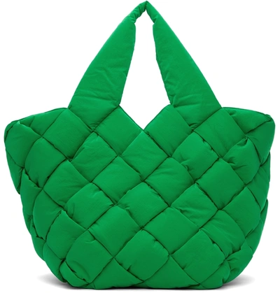 Shop Bottega Veneta Green Nylon Intrecciato Cassette Tote In 3724 Parakeet Silver