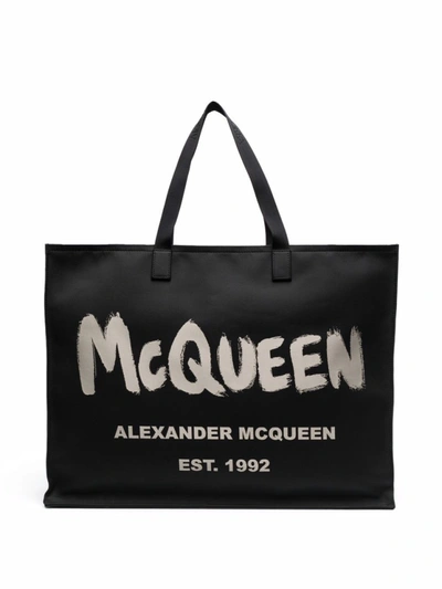 Shop Alexander Mcqueen Black Logo-printed Tote Bag