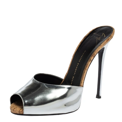 Pre-owned Giuseppe Zanotti Silver Leather Peep Toe Slide Sandals Size 40
