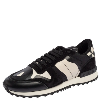 Pre-owned Valentino Garavani Black/white Camouflage Leather And Suede Rockstud Trainer Sneakers Size 37.5