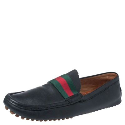 Pre-owned Gucci Black Leather Web Trim Loafers Size 45