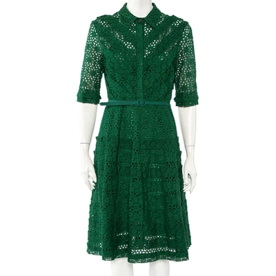 Pre-owned Oscar De La Renta Green Eyelet Lace Belted Midi Dress L