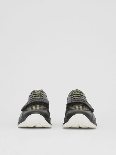 Shop Burberry Check Cotton Canvas And Leather Sneakers In Military Green