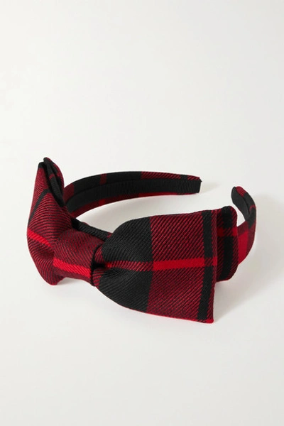 Shop Alessandra Rich Bow-detailed Checked Wool-twill Headband In Red