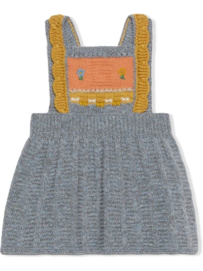 Shop Gucci Embroidered Intarsia-knit Wool Dress In Grey