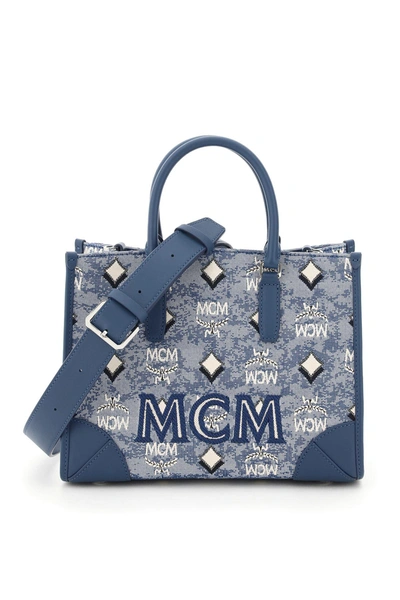 Shop Mcm Visetos Jacquard Top Handle Tote Bag In Blue