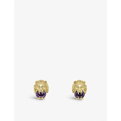 Shop Gucci Lion Head 18ct Yellow-gold, White-diamond And Amethyst Stud Earrings In Yellow Gold