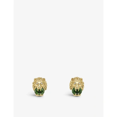 Shop Gucci Women's Yellow Gold Lion Head 18ct Yellow-gold, White-diamond And Diopside Stud Earrings