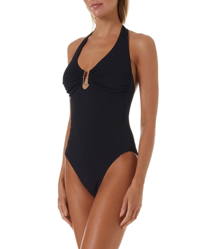 Shop Melissa Odabash Tampa Scoop-neck Pique Halter One-piece Swimsuit In Black Pique