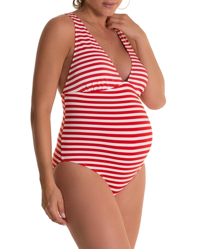 Shop Pez D'or Maternity Marina Striped One-piece Swimsuit In Redwhite