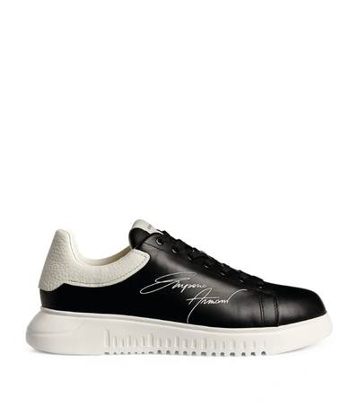 Shop Emporio Armani Leather Signature Sneakers In Black