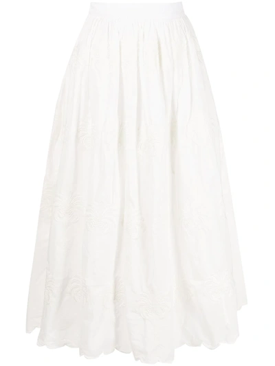 Shop Agua By Agua Bendita Embroidered Flared Midi Skirt In Weiss