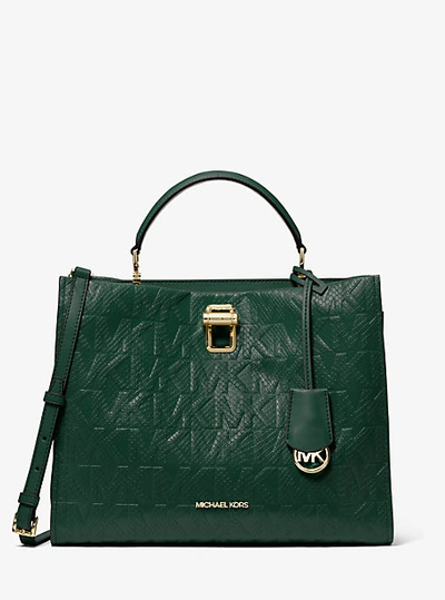 Shop Michael Kors Penelope Python Embossed Faux Leather Satchel In Green