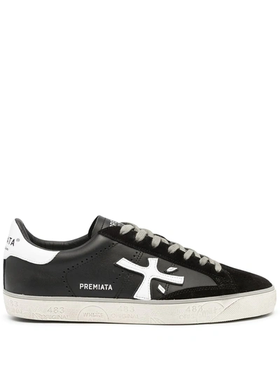 Shop Premiata Logo-patch Leather Sneakers In Black