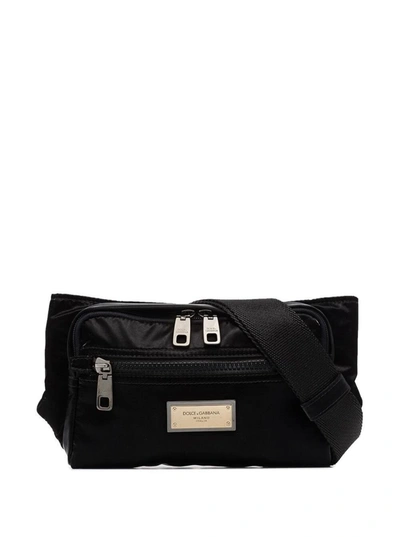 Shop Dolce & Gabbana Belt Bag In Shiny Nylon With Logo In Black
