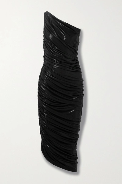 Shop Norma Kamali Diana One-shoulder Ruched Metallic Stretch-jersey Dress In Black