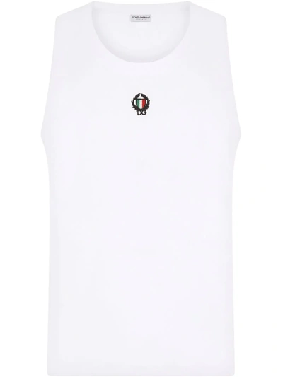 Dolce & Gabbana Two-way Stretch Cotton Singlet With Patch In White
