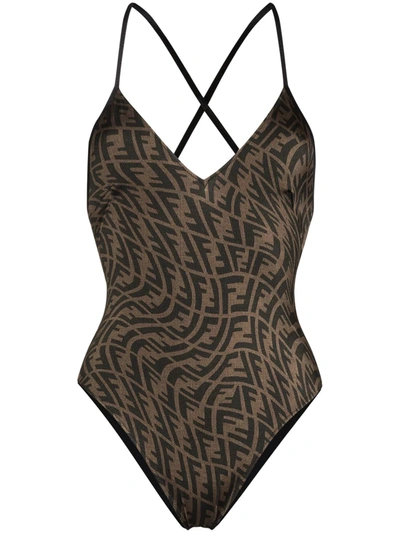 Shop Fendi Deep V-neck Ff Swimsuit In Brown