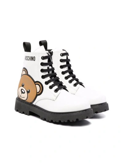 Shop Moschino Teddy Bear Motif Lace-up Boots In White