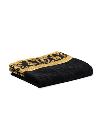 Shop Versace Logo Pattern Baroque Blanket In Black ,gold